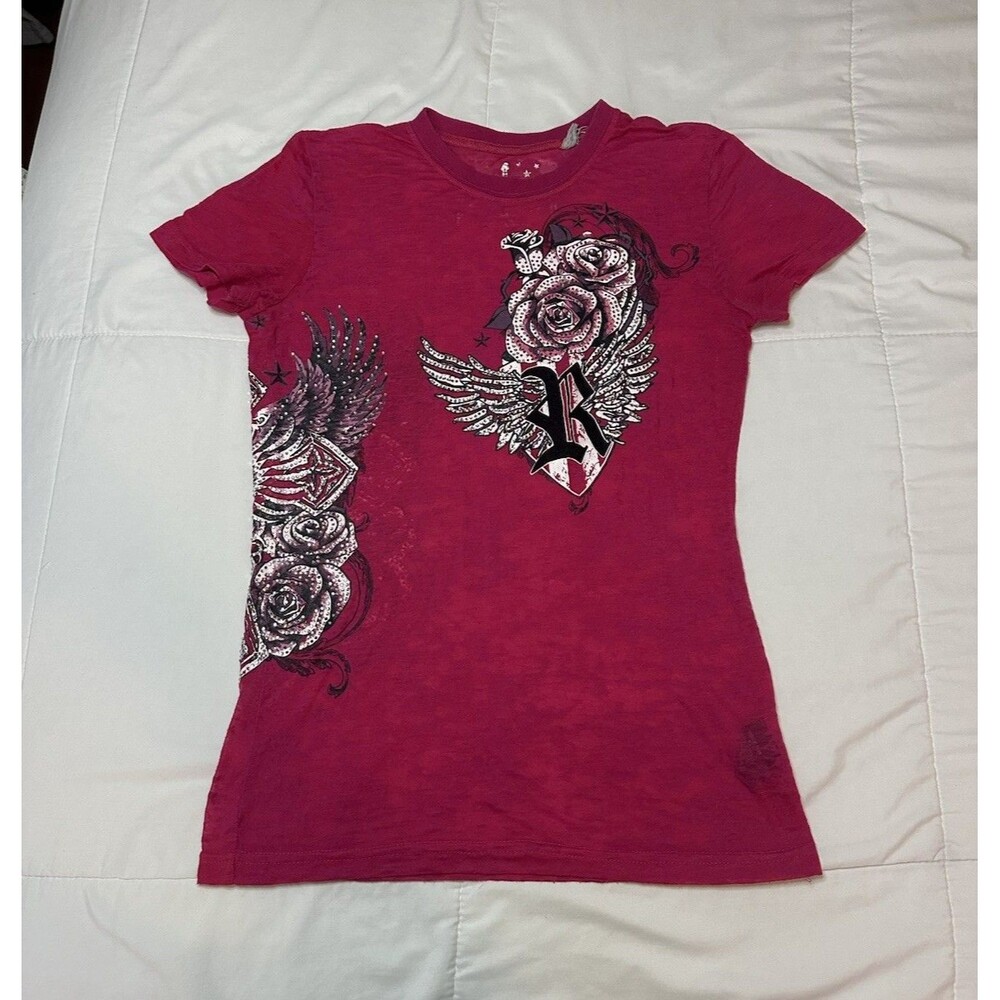 Y2K Rock & Roll Cowgirl Hot Pink Burnout T Shirt Women S Wings Rhinestone Grunge